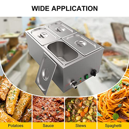  Commercial Stainless Steel 4 Sections Bain Marie Food Warmer 16 Qt Buffet Server With Lid And Tap For Home, Catering, Restaurants