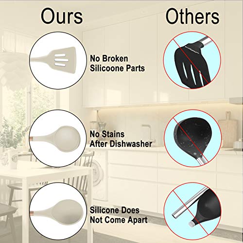  Ilicone Kitchen Utensils Set Cooking Utensils - SZBOB Heat Resistant/Non-stick/Non Toxic/BPA Free Silicon Spoons Spatula Whisk Tongs Wooden Handle Kitchen Utensils Set With Holder (Khaki)
