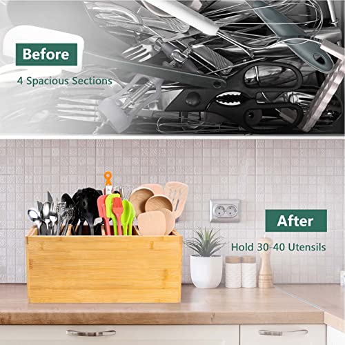  Extra Large Bamboo Utensil Holder, 4 Sections Kitchen Utensil Holder Organizer For Countertop, Cooking Utensil Caddy Farmhouse Utensils Holder Utensil Crock For Kitchen Counter