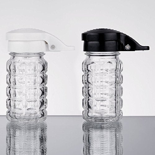  Moisture Proof Salt & Pepper Shakers - 1.5 Oz - Glass W/Black & White Lids Spring Loaded, No Clog, Set Of 2