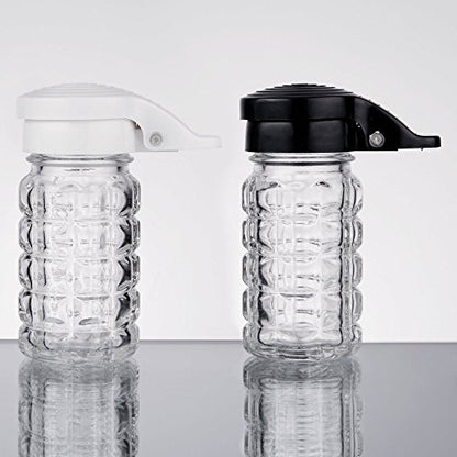  Moisture Proof Salt & Pepper Shakers - 1.5 Oz - Glass W/Black & White Lids Spring Loaded, No Clog, Set Of 2