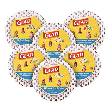  For Kids Rocket Paper Plates, 20 Count - 6 Pack | Small Round Paper Plates With Cute Rockets For Kids | Heavy Duty Disposable Soak Proof Microwavable Paper Plates For All Occasions, 8.5 Inch