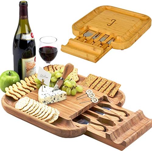  Ersonalized Monogrammed Engraved Bamboo Cutting Board For Cheese & Charcuterie With Knife Set & Cheese Markers- Designed & Quality Checked In USA