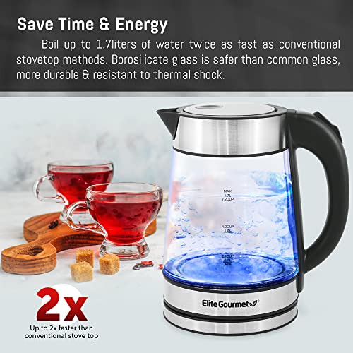  KT-602 Electric 1.7L BPA Free Glass Kettle Cordless 360° Base, Stylish Blue LED Interior, Handy Auto Shut-Off Function – Quickly Boil Water For Tea & More, Stainless Steel