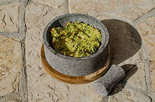  Lava Stone Mortar And Pestle/Molcajete"Chilmamolli" With Wooden Base, Elegant Design, Mexican Molcajete For Guacamole And Sauces (8 Inches)