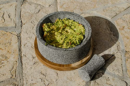  Lava Stone Mortar And Pestle/Molcajete"Chilmamolli" With Wooden Base, Elegant Design, Mexican Molcajete For Guacamole And Sauces (8 Inches)
