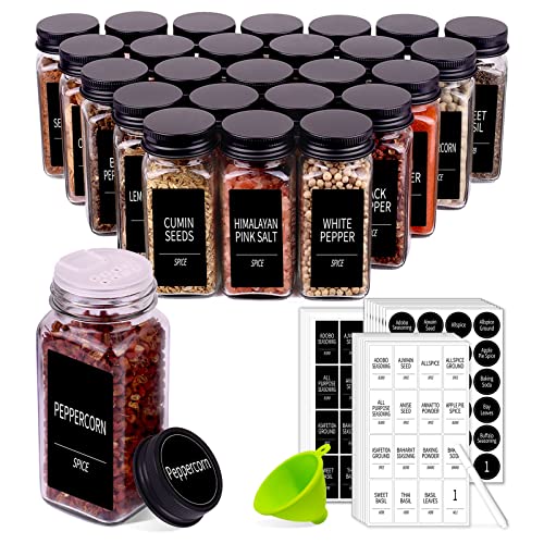  36 Spice Jars With 547 Labels- Glass Spice Jars With Black Metal Caps, 4oz Empty Spice Containers With Shaker Lids, Funnel, Chalk Pen, Square Seasoning Bottles For Spice Rack, Drawer, Cabinet