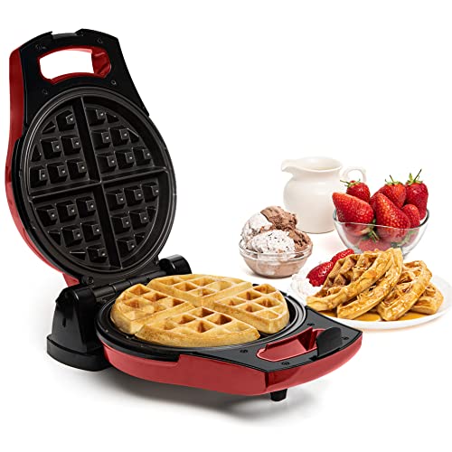  Belgian Waffle Maker, Electric Waffle Machine, Flips & Non-Stick Grids,Temperature Control, Round Waffle (Red)