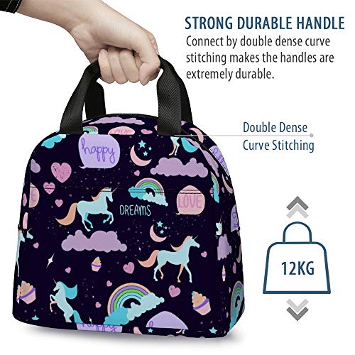  Unicorn Lunch Bag For Girls, Reusable Cute Unicorn Lunch Box Insulated Lunch Tote Bag With Front Pocket For School Kids Teen Girls (Dark Purple)