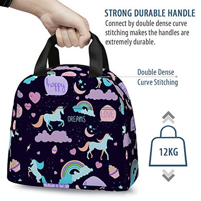  Unicorn Lunch Bag For Girls, Reusable Cute Unicorn Lunch Box Insulated Lunch Tote Bag With Front Pocket For School Kids Teen Girls (Dark Purple)