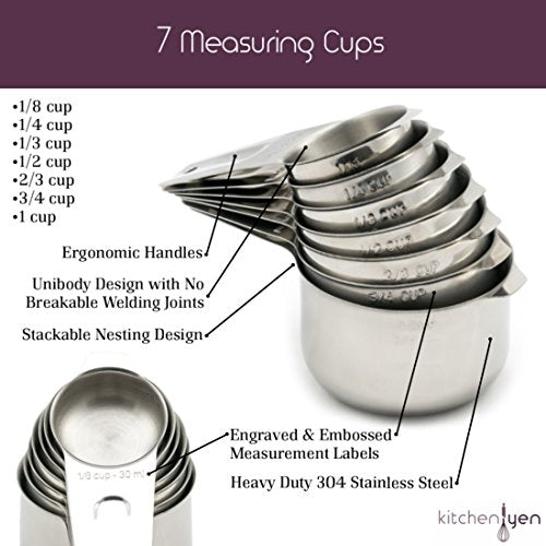  Measuring Cups And Spoons Set By Kitchen Yen - 7 Nesting Cups, 6 Stackable Narrow Spoons - Coffee Scoop - Engraved Measurements For Dry/Liquid Ingredients - Heavy Duty Professional 304 Stainless Steel