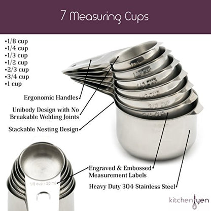  Measuring Cups And Spoons Set By Kitchen Yen - 7 Nesting Cups, 6 Stackable Narrow Spoons - Coffee Scoop - Engraved Measurements For Dry/Liquid Ingredients - Heavy Duty Professional 304 Stainless Steel