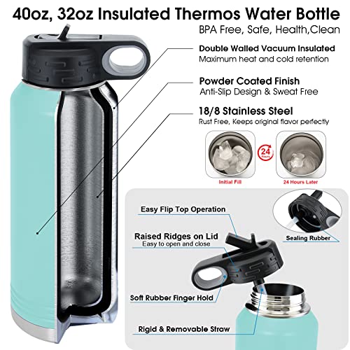  Nalized Water Bottle 40oz/32oz With Flip-Top Lid And Straw, Customized Vacuum Insulated Water Flask, Stainless Steel Sports Double Wall Thermos, Name/Text Engraved By IProductsUS (Teal)
