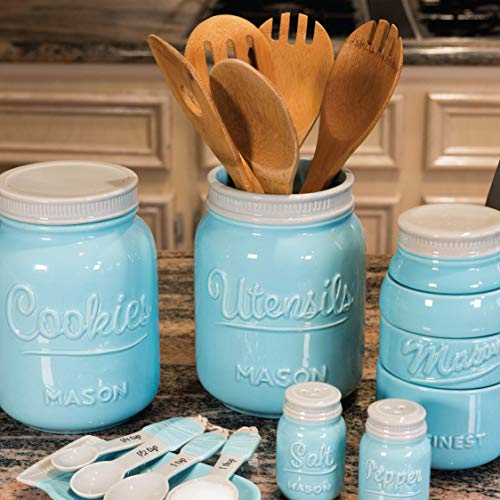 Wide Mouth Mason Utensil Holder - Large Ceramic Kitchen Utensil Holder - Rustic Farmhouse Caddy Organizer For Cooking Utensils, Spatula, Accessories - Beautiful Farm House Countertop Crock Decor