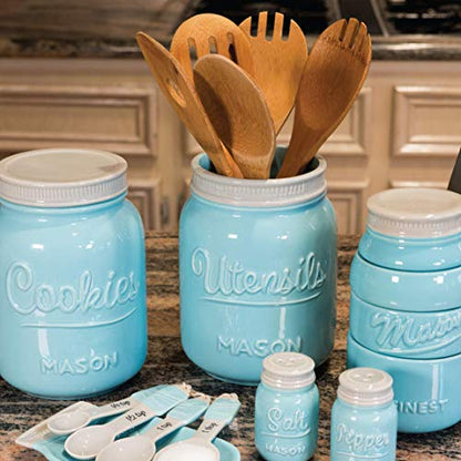  Wide Mouth Mason Utensil Holder - Large Ceramic Kitchen Utensil Holder - Rustic Farmhouse Caddy Organizer For Cooking Utensils, Spatula, Accessories - Beautiful Farm House Countertop Crock Decor