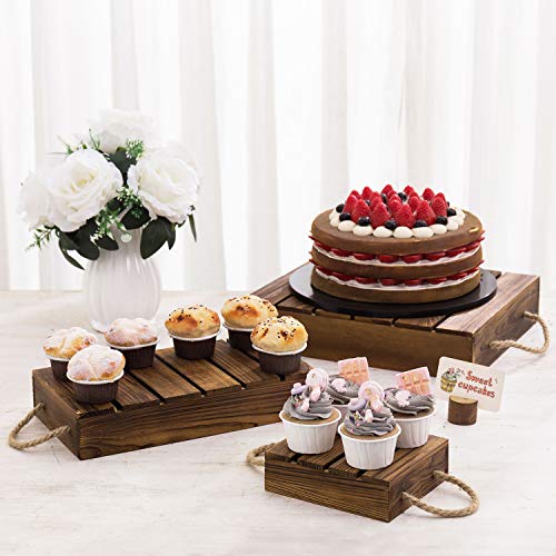  Burnt Wood Rustic Cake Stand Risers For Display, Wooden Pallets Style Tiered Dessert Stand, Cupcake Display Boxes With Rope Handles, Set Of 3