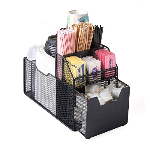  Nifty Coffee Condiment Organizer – Black Countertop Storage Organizer, Caddy Holder For Cups, Lids, Creamers, Sugars, Tea Packets In Kitchen Or Office Breakroom