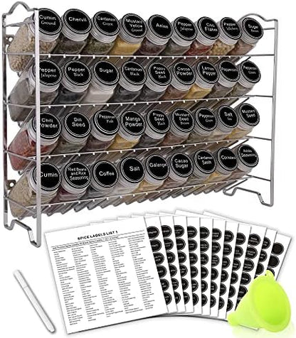  SWOMMOLY Spice Rack Organizer With 36 Empty Square Spice Jars, 396 Spice Labels With Chalk Marker And Funnel Complete Set, For Countertop, Cabinet Or Wall Mount, Black