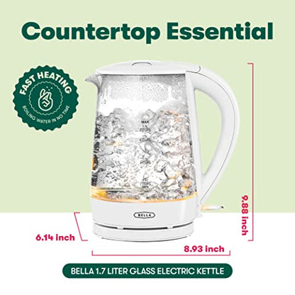 Bella 1.7 Liter Glass Electric Kettle, Quickly Boil 7 Cups Of Water In 6-7 Minutes, Soft Orange LED Lights Illuminate While Boiling, Cordless Portable Water Heater, Carefree Auto Shut-Off, White