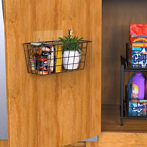  Hanging Kitchen Baskets Wire Storage Basket Adhesive Basket Over The Cabinet Door Organizer No Drilling, For Cabinet Pantry Organization And Kitchen, Bathroom, Storage, 2 Pack, Black