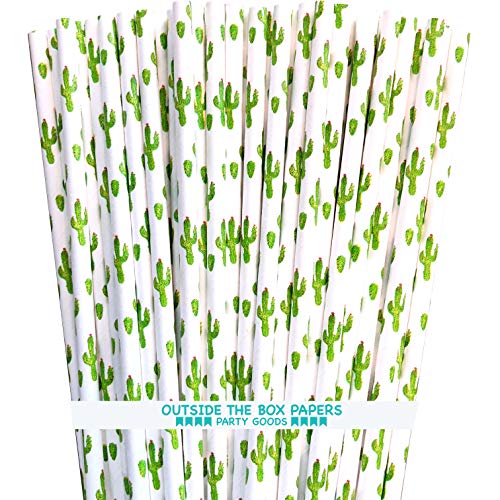  Cactus Themed Paper Straws - Green White Succulents - 100 Pack