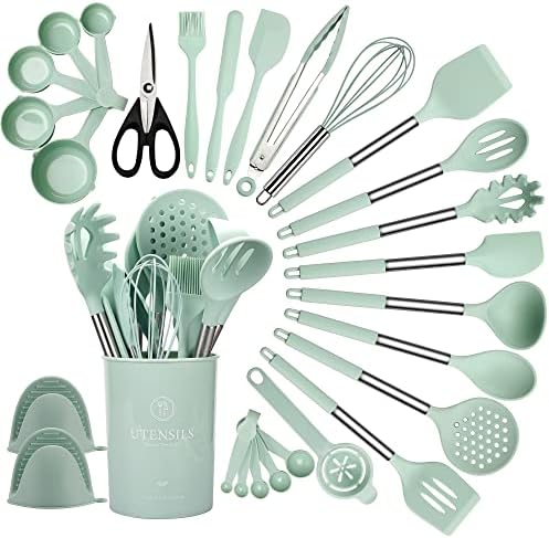  Silicone Kitchen Utensil Set, 28 Pcs Non-Stick Cooking Utensils Set With Holder, Tongs, Spatula, Whisk, Measuring Cups And Spoons Set With Stainless Steel Handle Kitchen Gadgets (Light Green)