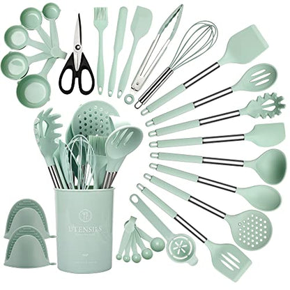  Silicone Kitchen Utensil Set, 28 Pcs Non-Stick Cooking Utensils Set With Holder, Tongs, Spatula, Whisk, Measuring Cups And Spoons Set With Stainless Steel Handle Kitchen Gadgets (Light Green)