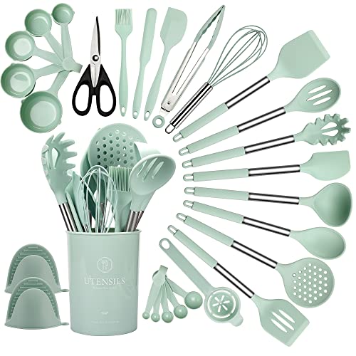  Silicone Kitchen Utensil Set, 28 Pcs Non-Stick Cooking Utensils Set With Holder, Tongs, Spatula, Whisk, Measuring Cups And Spoons Set With Stainless Steel Handle Kitchen Gadgets (Light Green)