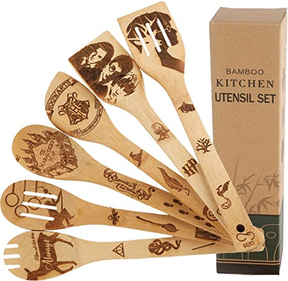 GENERIC Bejky 6-Pcs Wooden Bamboo Spoons Set - Organic Food Cooking Utensils Kitchen Accessories & Home Decor Cookware Gifts For Women Easy Wash Spatulas 3D Engraved Patterns (Magical Wizard Style), 12-''