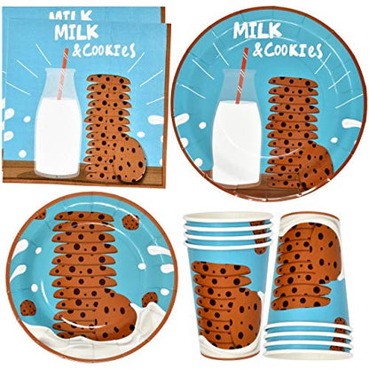  Milk And Cookies Party Supplies Tableware Set 24 9" Plates 24 7" Dessert Plate 24 9 Oz. Cups 50 Lunch Napkins For Chocolate Chip Cookie & Milk Drink Happy Birthday Disposable Paper Goods Decorations