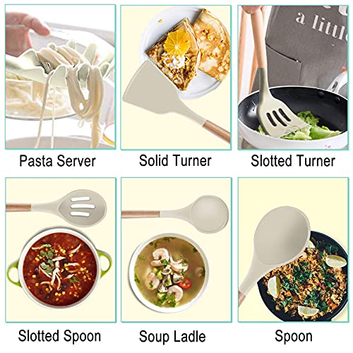  Ilicone Kitchen Utensils Set Cooking Utensils - SZBOB Heat Resistant/Non-stick/Non Toxic/BPA Free Silicon Spoons Spatula Whisk Tongs Wooden Handle Kitchen Utensils Set With Holder (Khaki)
