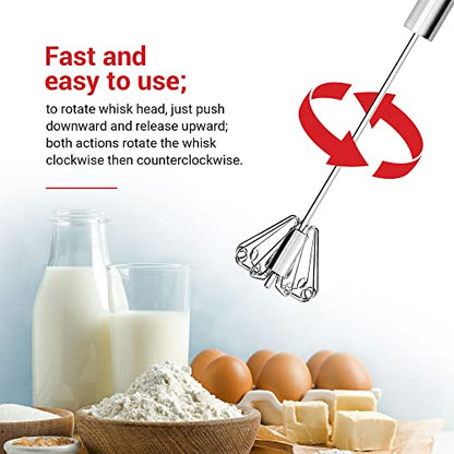  14 Inch Stainless Steel Hand Whisk - Durable & Easy To Use Push-Down Zip Whisker - Rotary Hand Mixer For Beating Eggs, Frothing Milk, Blending, Mixing, Whipping Smoothies & Shakes - Kitchen Tools