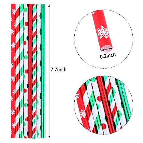  200 Pieces Christmas Foil Paper Straws Red Green White Stripe And Dots Christmas Tree Snowflake Biodegradable Drinking Straws For Christmas Party Supplies, 8 Style