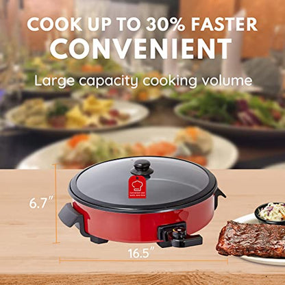  Onstick Electric Skillet Electric Fryer, Non-Stick Coating, Adjustable Temperature Control, Heat-Resistant Handle- Red.