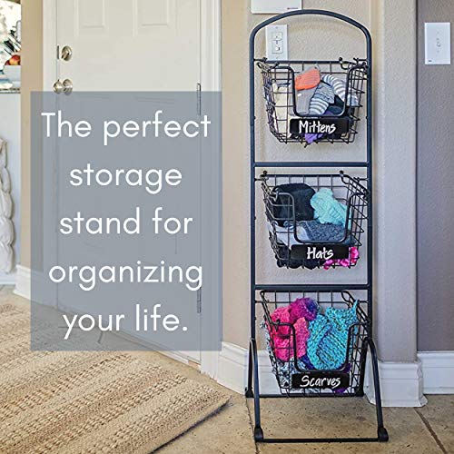  IRDROCK HOME 3-Tier Wire Market Basket Stand With Chalk Label - Snack Fruit Vegetable Produce Metal Hanging Storage Bin For Kitchen Pantry - Free-Standing Or Stacking Organizer - Black