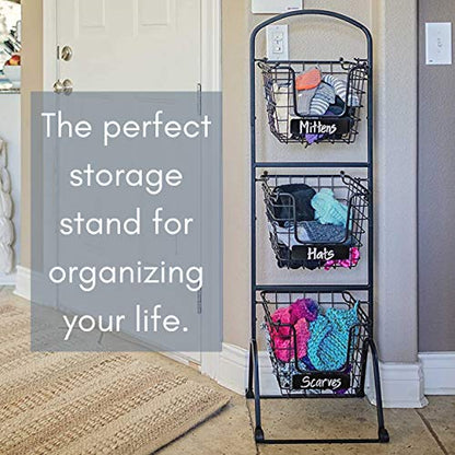  IRDROCK HOME 3-Tier Wire Market Basket Stand With Chalk Label - Snack Fruit Vegetable Produce Metal Hanging Storage Bin For Kitchen Pantry - Free-Standing Or Stacking Organizer - Black