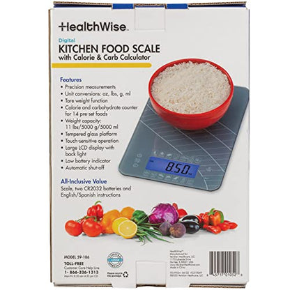  Digital Kitchen Food Scale With Calorie & Carb Calculator Tempered Glass | Precision Measurements | Unit Conversions: Oz, Lbs, G, Ml | 14 Pre-Set Foods, Gray (59-106)