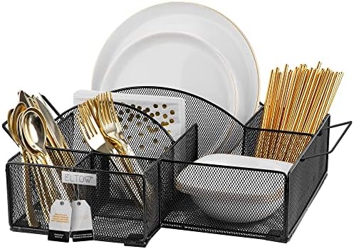  Countertop Silverware Caddy, 8 Compartment Paper Plate And Cutlery Caddy For Plates, Bowls, Forks, Spoons, Knives, Napkins, Perfect Flatware & Utensil Holder For Party, Picnic, Home, RV - Black