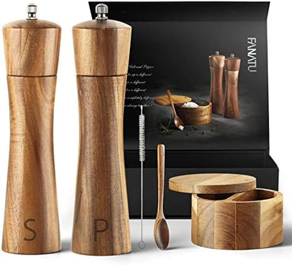  Wood Salt And Pepper Grinder Set - Premium Set Includes 8 Inch Salt And Pepper Mill, Salt And Pepper Box With Swivel Lid, Spoon & Cleaner Tool - Perfect Salt And Pepper Shakers Gift (8 Inch)