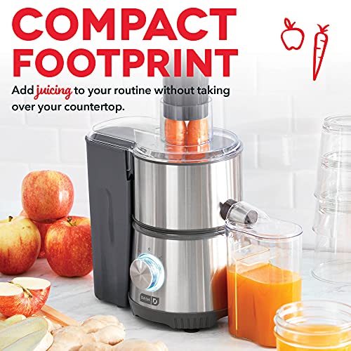Dash Ash Compact Centrifugal Juicer, Press Juicing Machine, 2-Speed, 2" Wide Feed Chute For Whole Fruit Vegetable, Anti-drip, Stainless Steel Sieve - Cool Grey