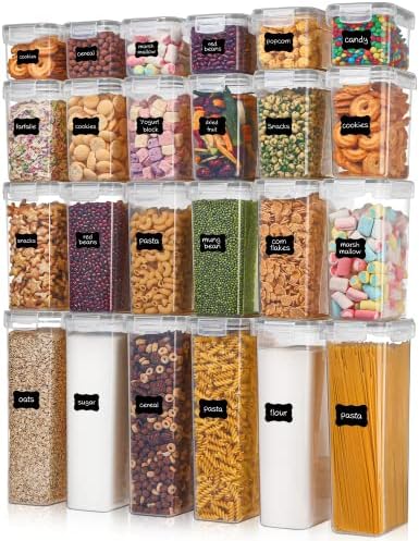  Airtight Food Storage Containers With Lids, 24 Pcs Plastic Kitchen And Pantry Organization Canisters For Cereal, Dry Food, Flour And Sugar, BPA Free, Includes 24 Labels