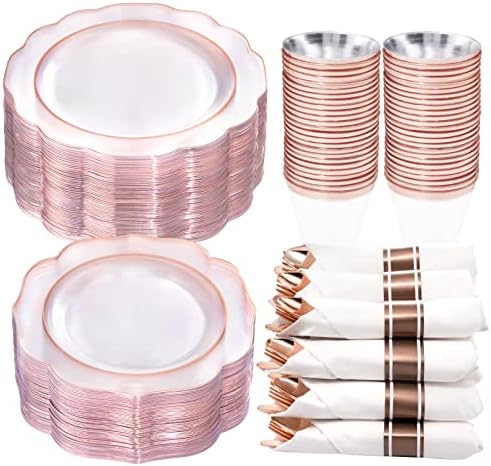  175PCS Pink Plastic Plates With Gold Disposable Silverware-Include 50 Plates 25Knives 25Forks 25Spoons 25Cups And 25Napkins-Ideal For Wedding, Party, Shower&Mother’s Day