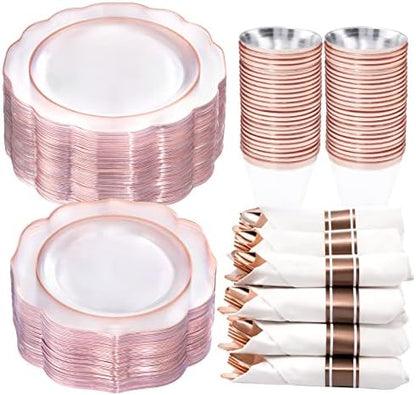  175PCS Pink Plastic Plates With Gold Disposable Silverware-Include 50 Plates 25Knives 25Forks 25Spoons 25Cups And 25Napkins-Ideal For Wedding, Party, Shower&Mother’s Day