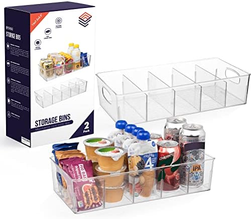  Plastic Pantry Organization And Storage Bins With Removable Dividers – XL Perfect Kitchen Organization Or Kitchen Storage – Refrigerator Organizer Bins, Cabinet Organizers, 2 Pack