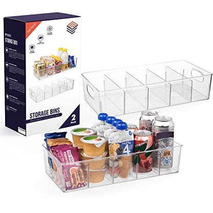 Plastic Pantry Organization And Storage Bins With Removable Dividers – XL Perfect Kitchen Organization Or Kitchen Storage – Refrigerator Organizer Bins, Cabinet Organizers, 2 Pack