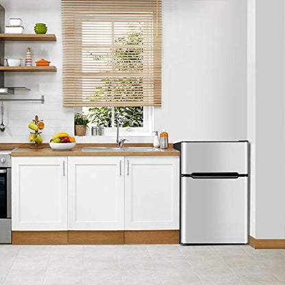  3.2 Cu.FT Mini Fridge With Freezer, Dual Door Refrigerator With Adjustable Temperature & Removable Glass Shelves, Mini Fridge For Dorm, Office, Bedroom, Kitchen(Grey)