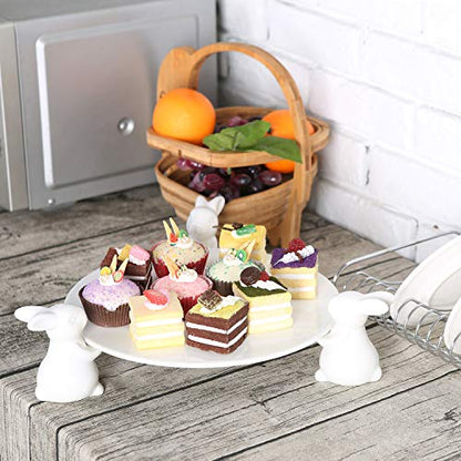  Decorative White Ceramic Cake Stand With Rabbit Design, 16-Inch Dessert Serving Tray