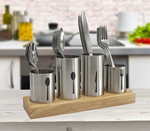  Silverware Holder With Caddy For Spoons, Knives Forks, Etc — Ideal For Kitchen, Dining, Entertaining, Buffet, Picnic, And More — Stainless Steel With Bamboo Wood Base