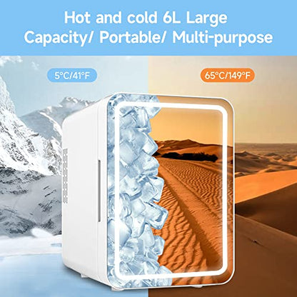  Mini Fridge For Bedroom, 6L Skincare Fridge With Dimmable LED Mirror, Cooler And Warmer Beauty Fridge, Portable Small Refrigerator, Mini Fridge For Makeup, Skincare, Drinks (White)