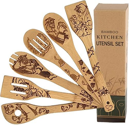 GENERIC Bejky 6-Pcs Wooden Bamboo Spoons Set - Organic Food Cooking Utensils Kitchen Accessories & Home Decor Cookware Gifts For Women Easy Wash Spatulas 3D Engraved Patterns (Magical Wizard Style), 12-''